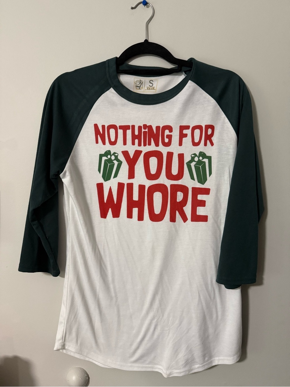 21 Threads Christmas Baseball Top “Nothing for You Wh0re”